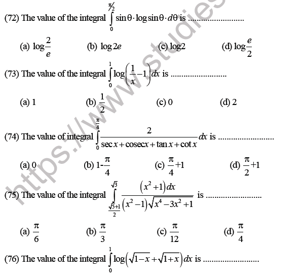 JEE Mathematics Definite Integration MCQs Set A, Multiple Choice Questions